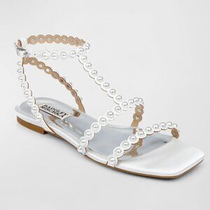 Badgley Mischka Cami White Pearled Gladiator Flat Sandal